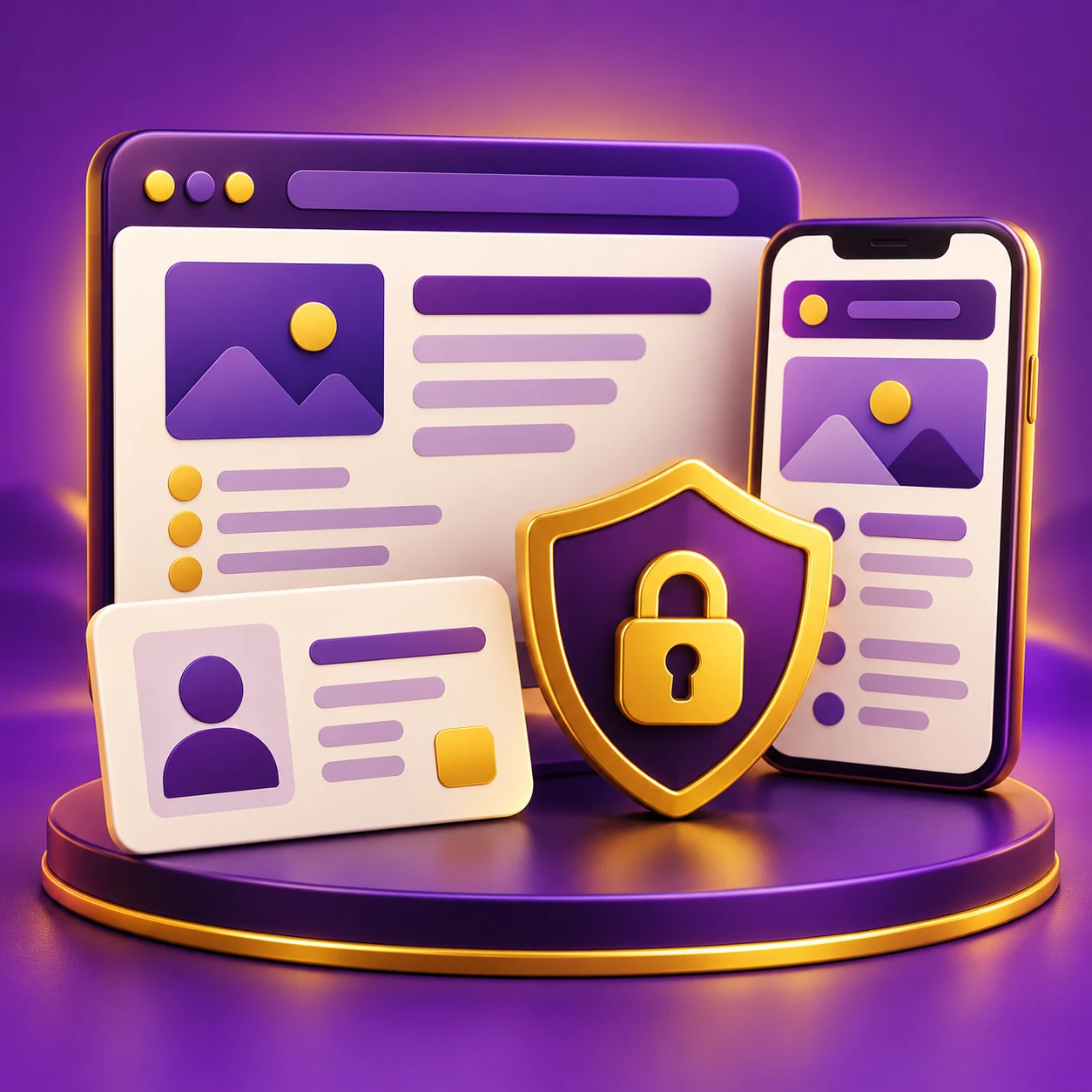 separate desktop and mobile browser panels beside an identity document silhouette and a shield — supporting editorial illustration