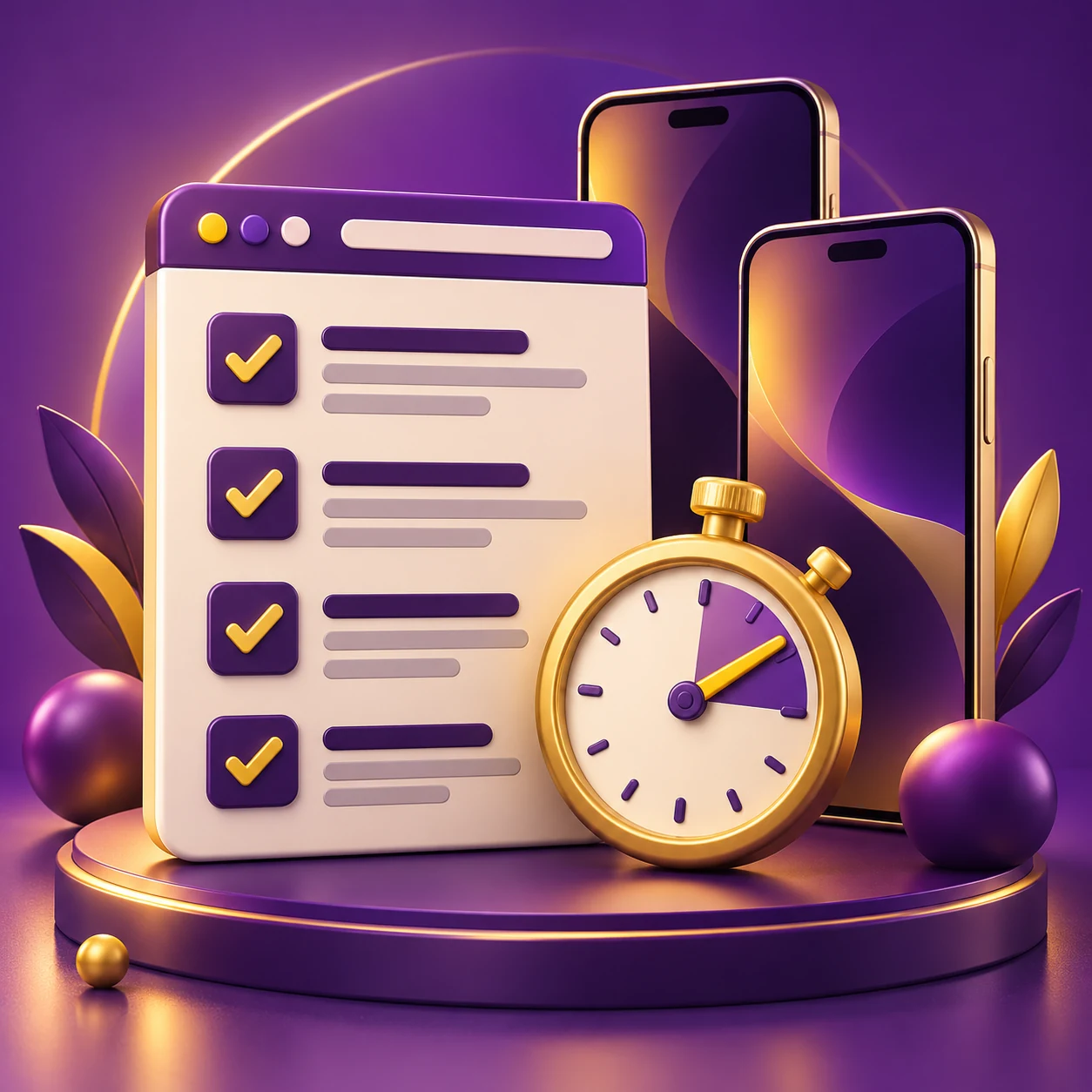 a mobile browser compatibility checklist beside a stopwatch and two neutral smartphone silhouettes — supporting editorial illustration