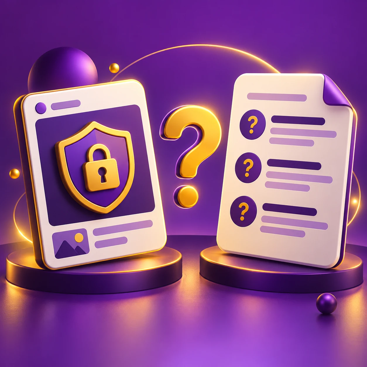 a promotional picture card and a written FAQ document facing one another with a question mark between them — supporting editorial illustration