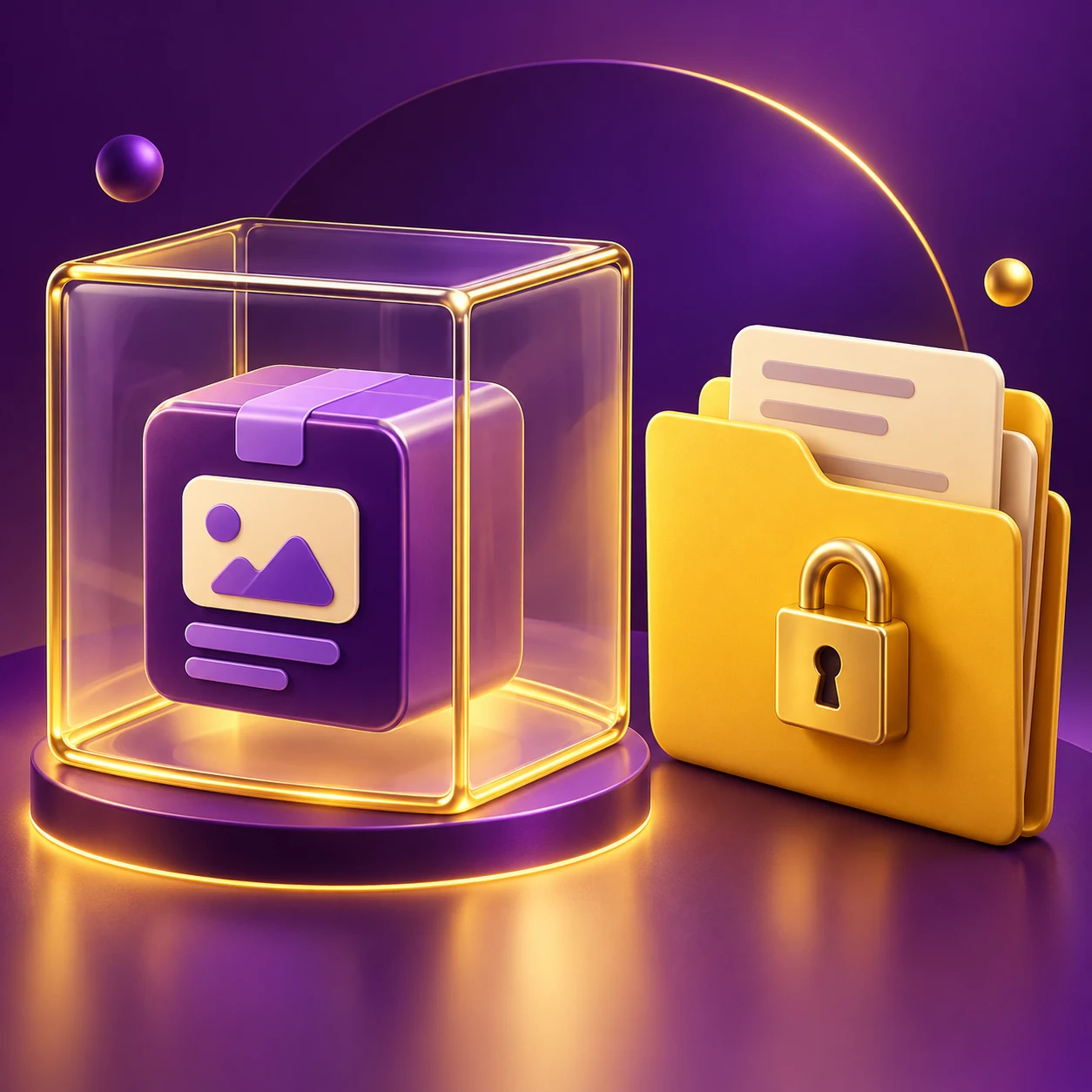 an untrusted application package isolated in a transparent glass box beside a closed personal document folder — supporting editorial illustration