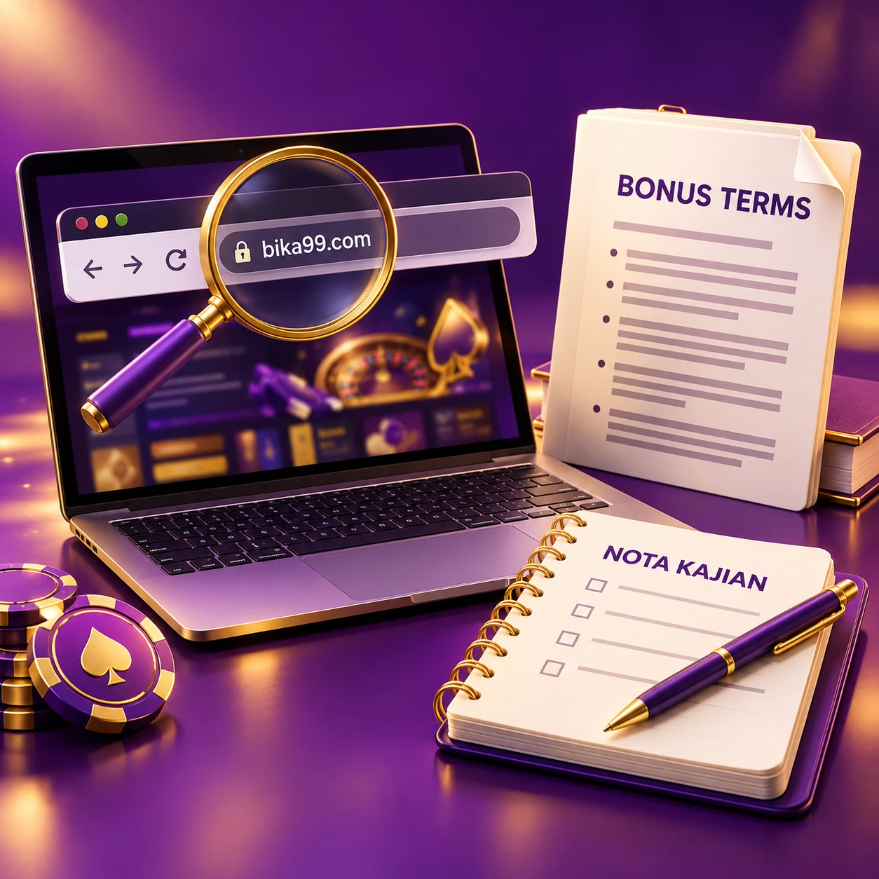 a Malay language resource guide with browser address inspection, bonus terms document and study notebook — supporting editorial illustration