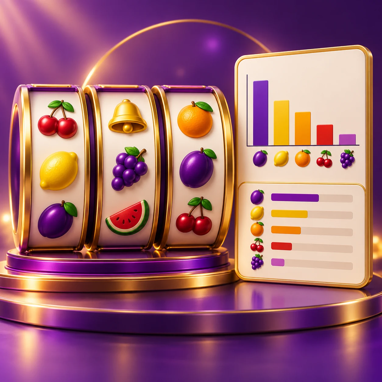 three stylized slot reels with abstract fruit symbols next to a probability chart and reading guide, educational mood — supporting editorial illustration