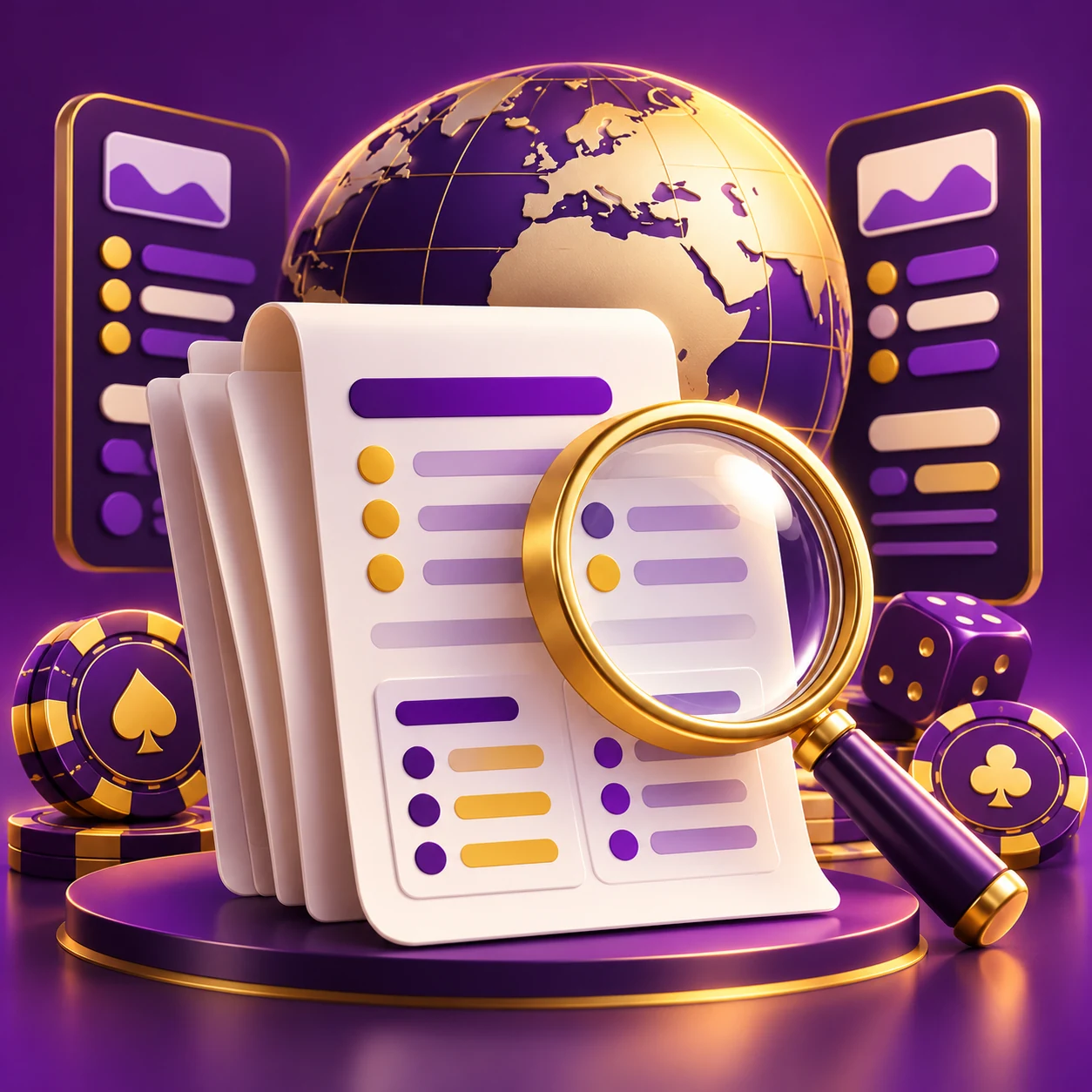 regulatory scope documents, globe and inspection lens, no certification badges — supporting editorial illustration
