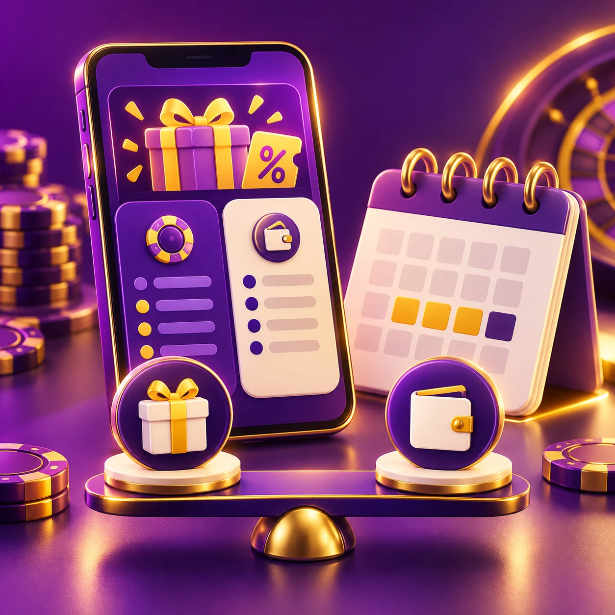 mobile promotion and withdrawal policy comparison, phone, coupon and calendar — supporting editorial illustration