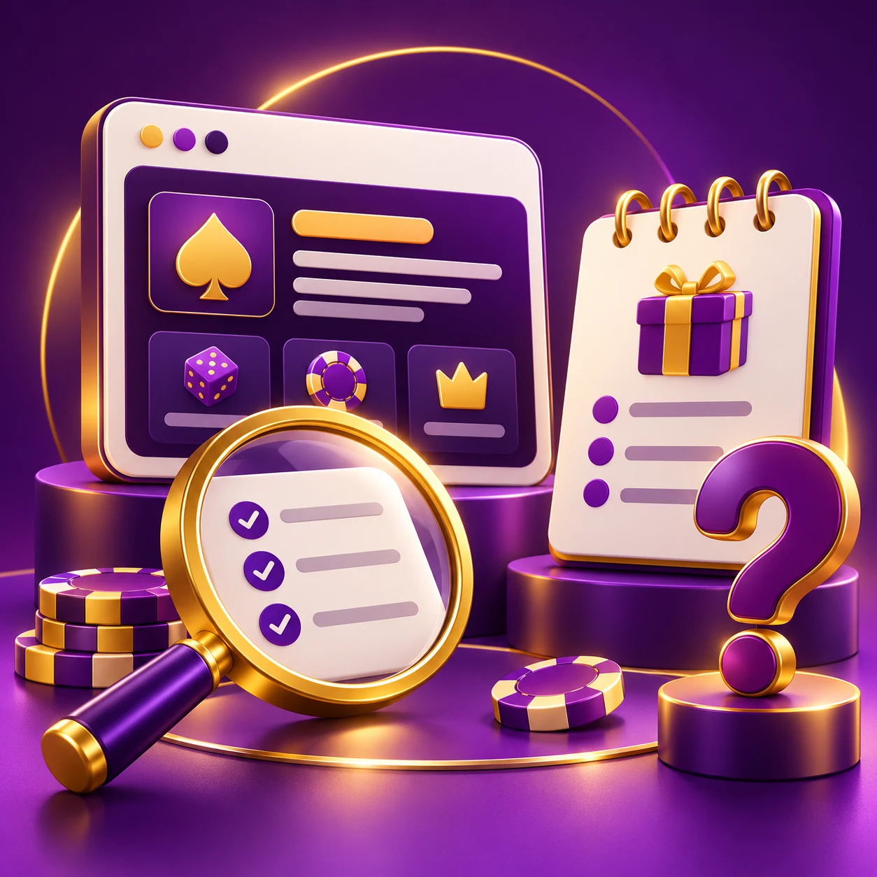 trust evidence inspection, domain card, promotion notebook and question mark — supporting editorial illustration