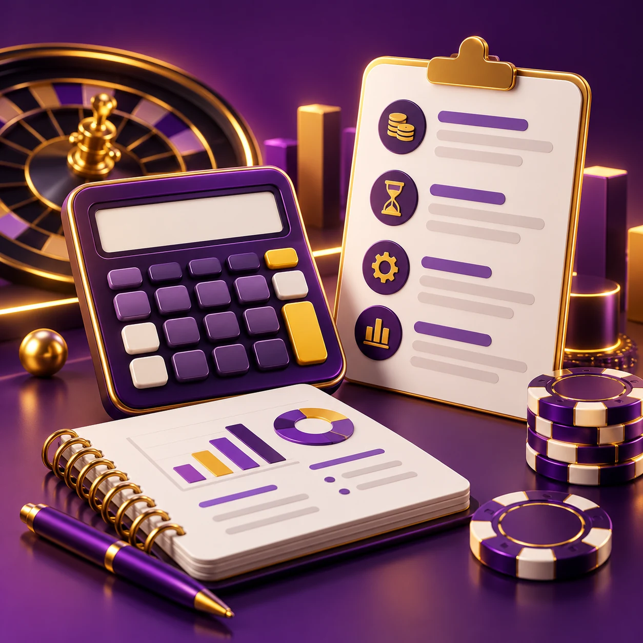 wagering research, calculator with blank display, notebook and cashout conditions page — supporting editorial illustration