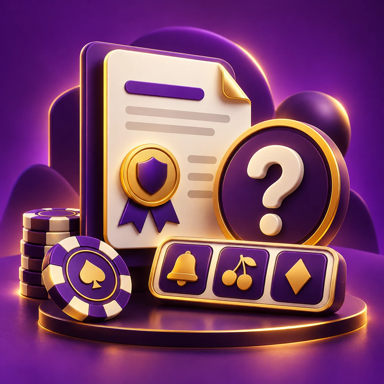 APK authenticity documents, neutral question mark and abstract slot tiles — supporting editorial illustration
