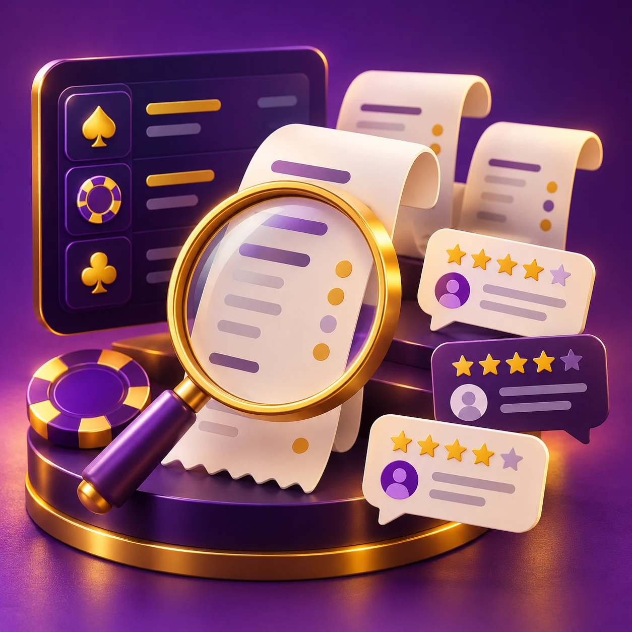 payment evidence research, receipt silhouettes and anonymous review speech cards — supporting editorial illustration