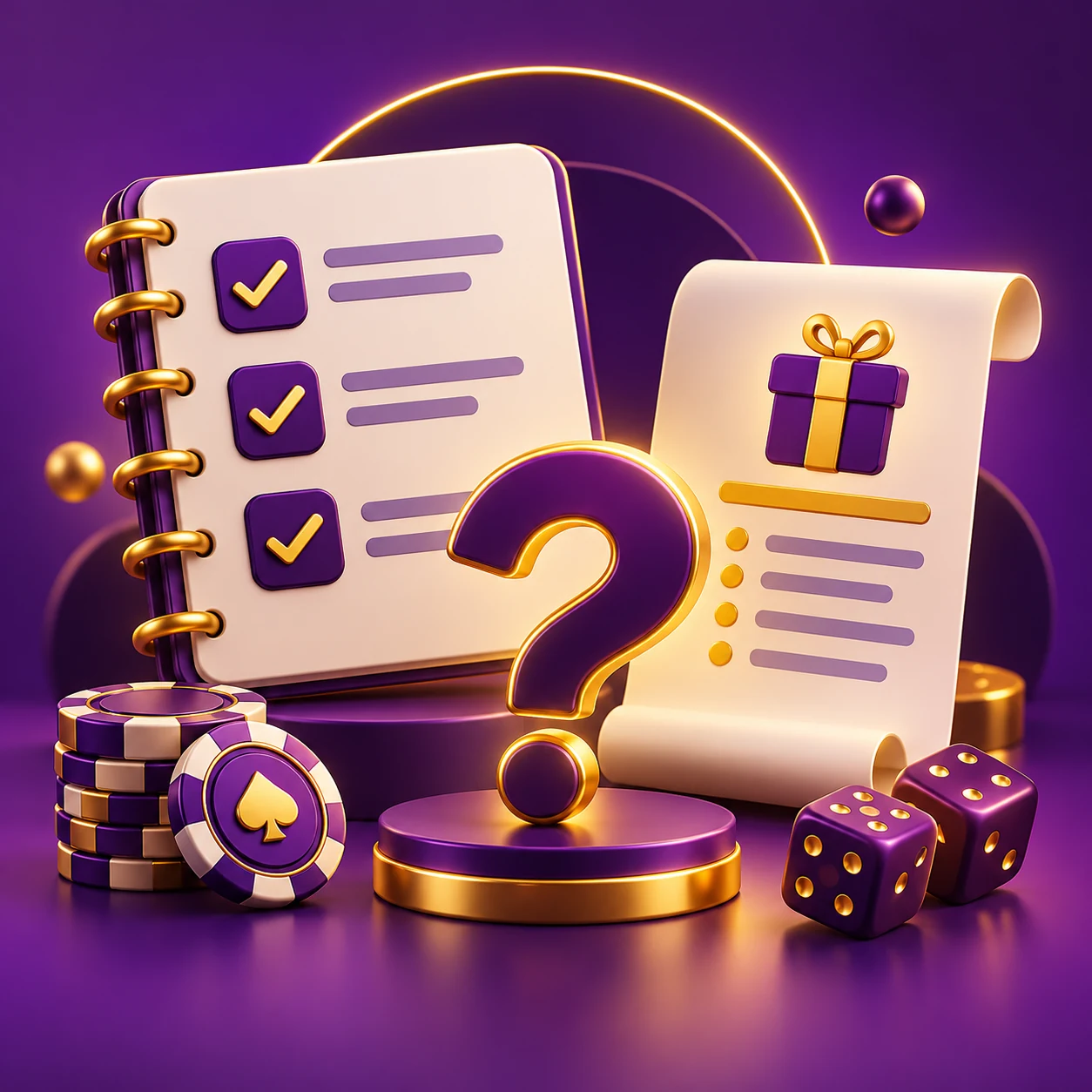 trust evidence notebook, bonus conditions document and neutral question mark — supporting editorial illustration