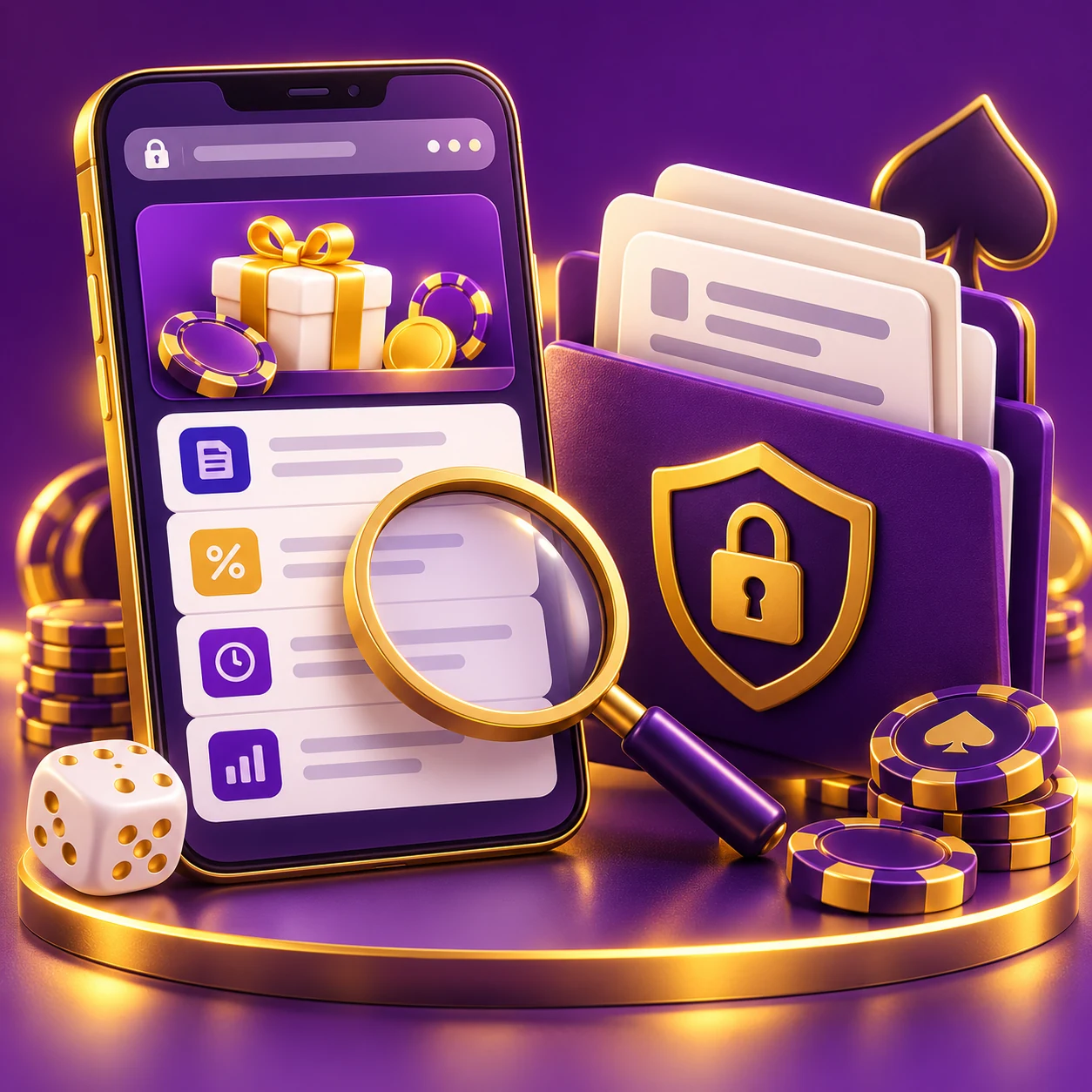 welcome bonus conditions research, mobile browser and protected document folder — supporting editorial illustration