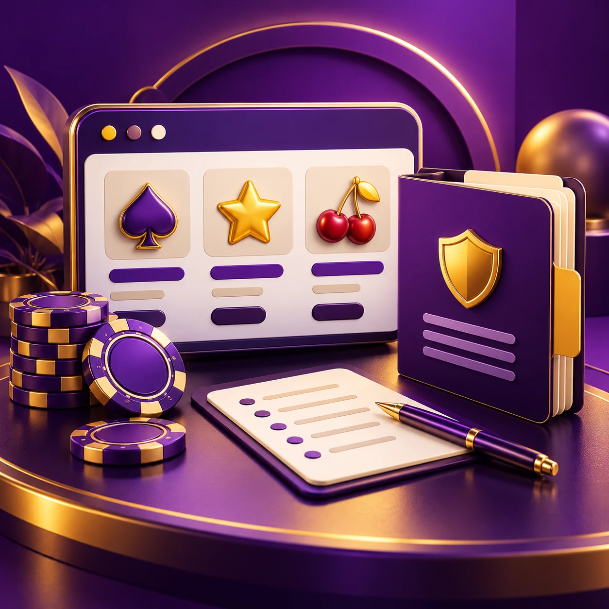 editorial review desk, anonymous game tiles and bonus policy folder — supporting editorial illustration