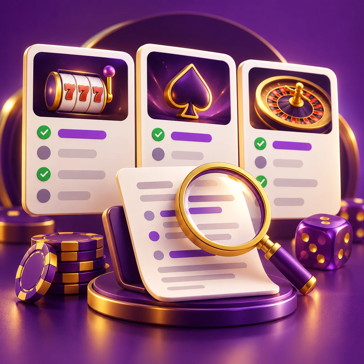 website trust comparison, game category cards and document inspection lens — supporting editorial illustration