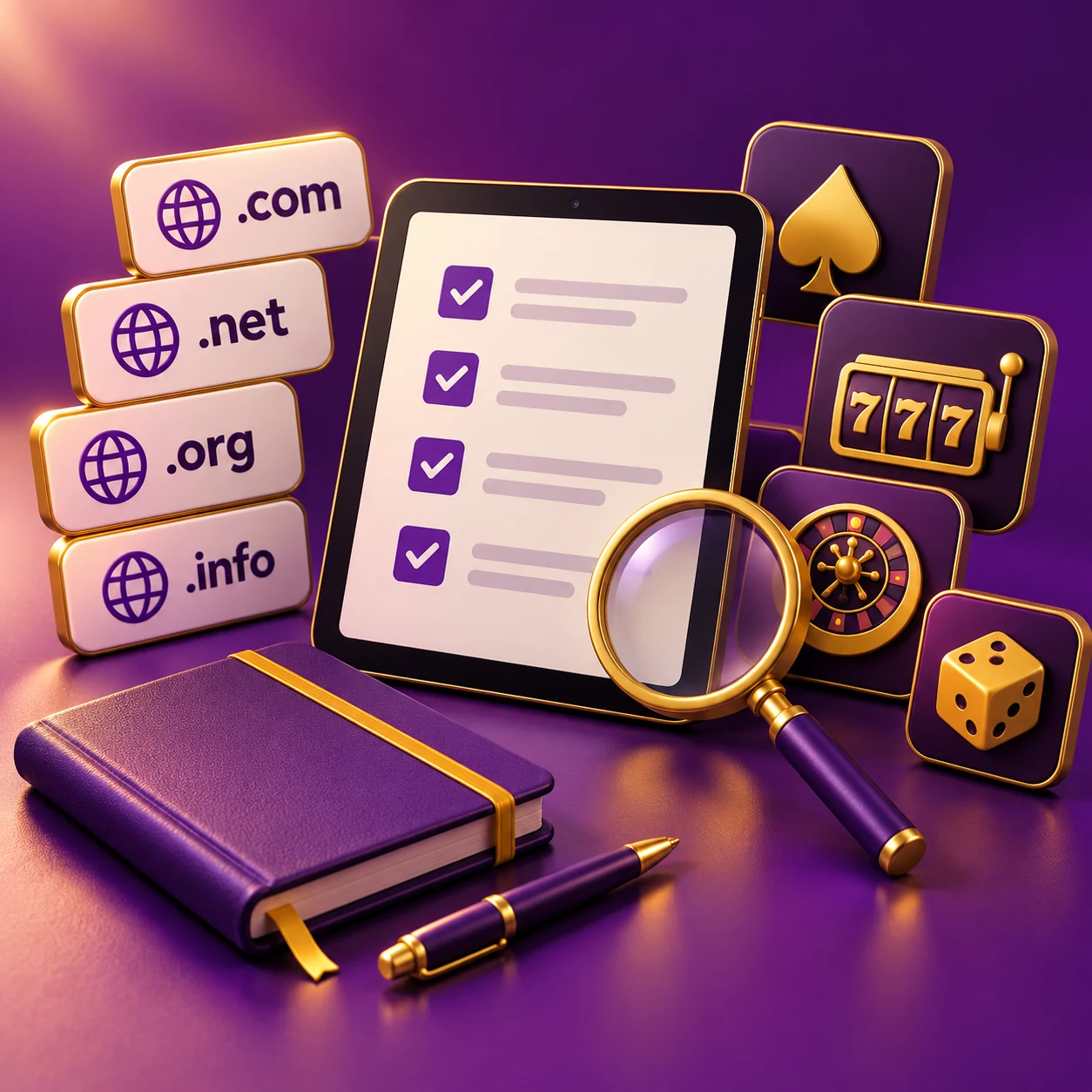 a beginner research checklist on a tablet surrounded by domain address tiles, game category symbols and a closed notebook — supporting editorial illustration
