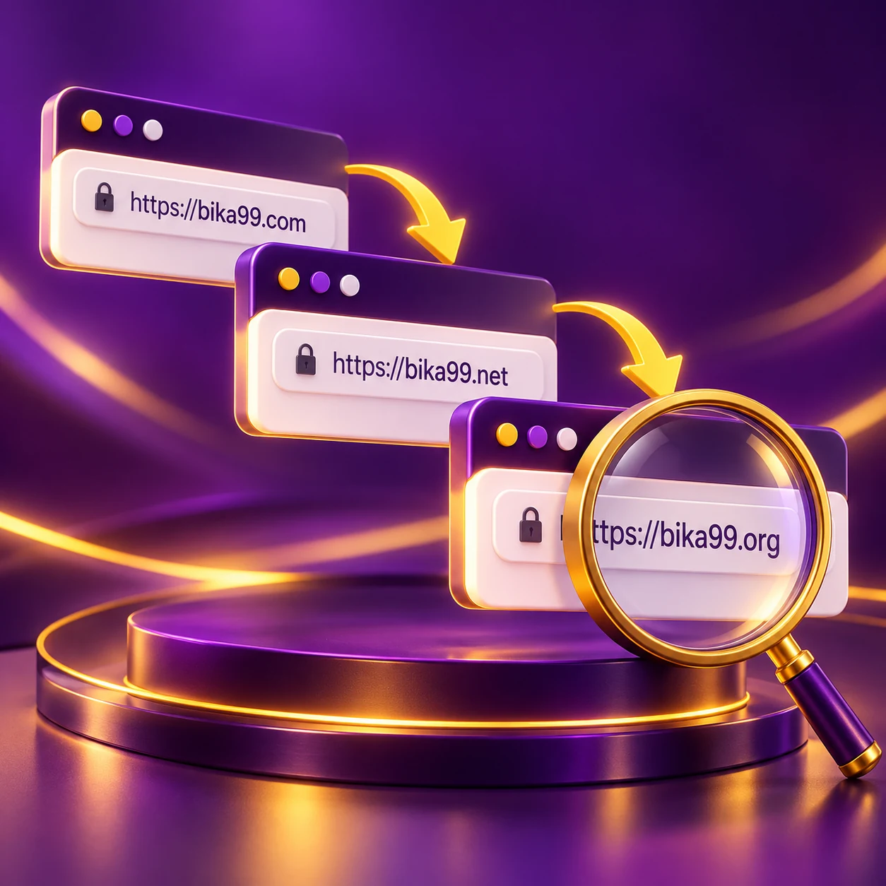 three browser address steps on separate floating panels, redirect analysis concept with magnifier, no endorsement badge — supporting editorial illustration