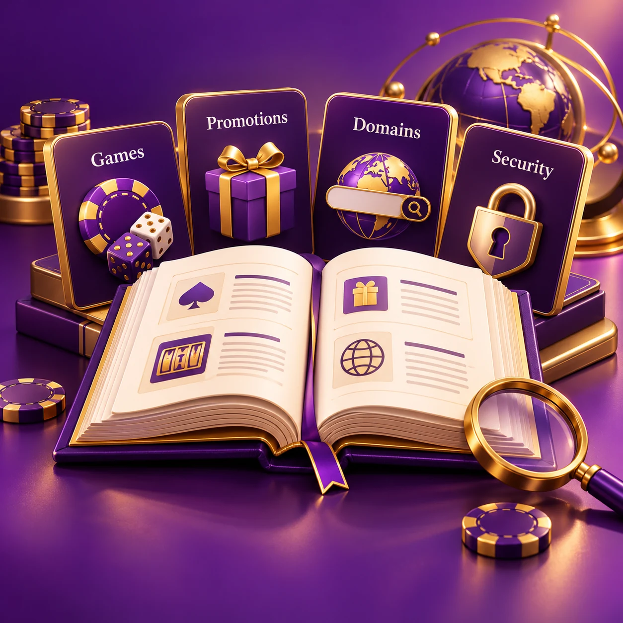 organized knowledge cards for games, promotions, domains and security surrounding an open reference book — supporting editorial illustration