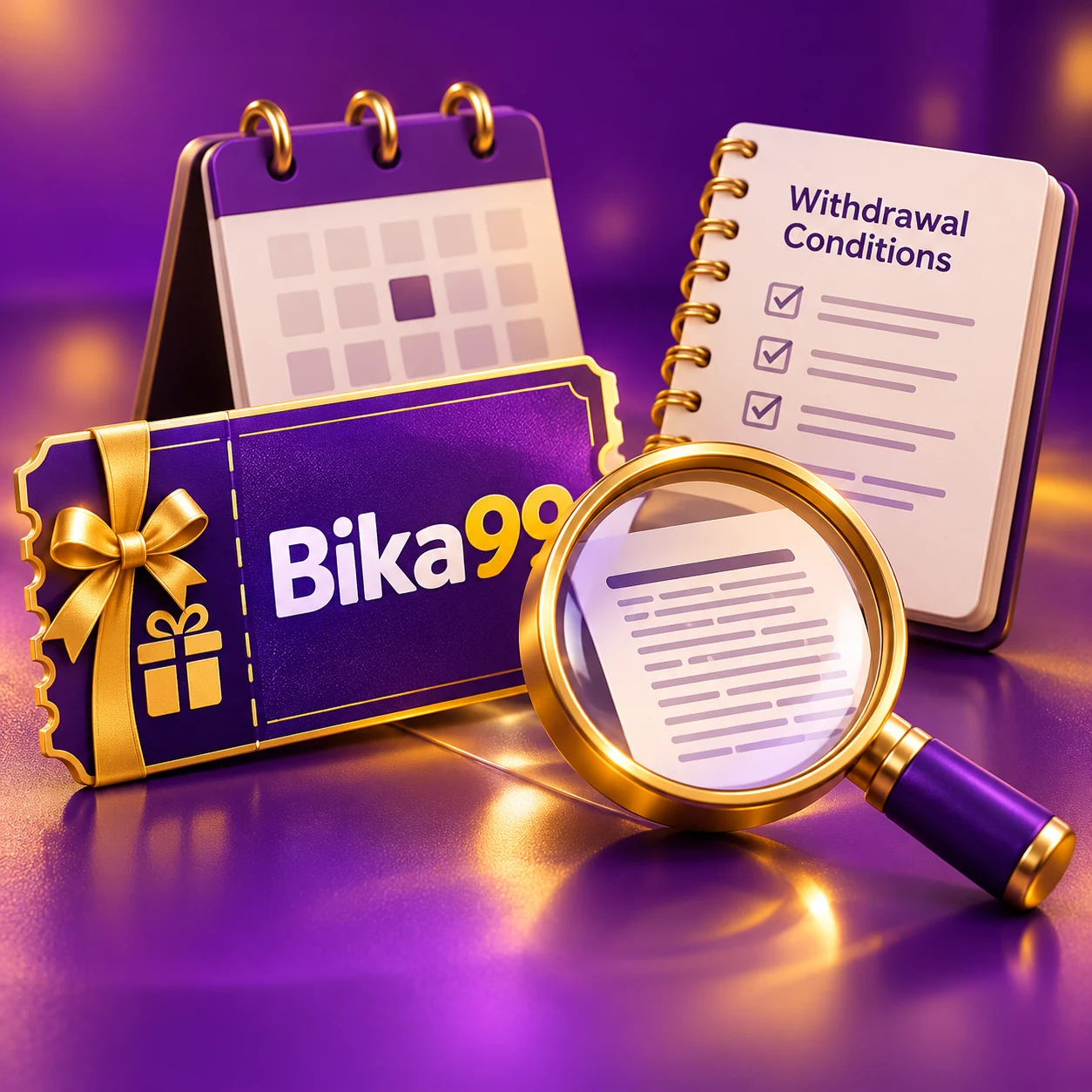 a promotional coupon beside a magnifying glass inspecting small print, calendar and withdrawal conditions notebook — supporting editorial illustration