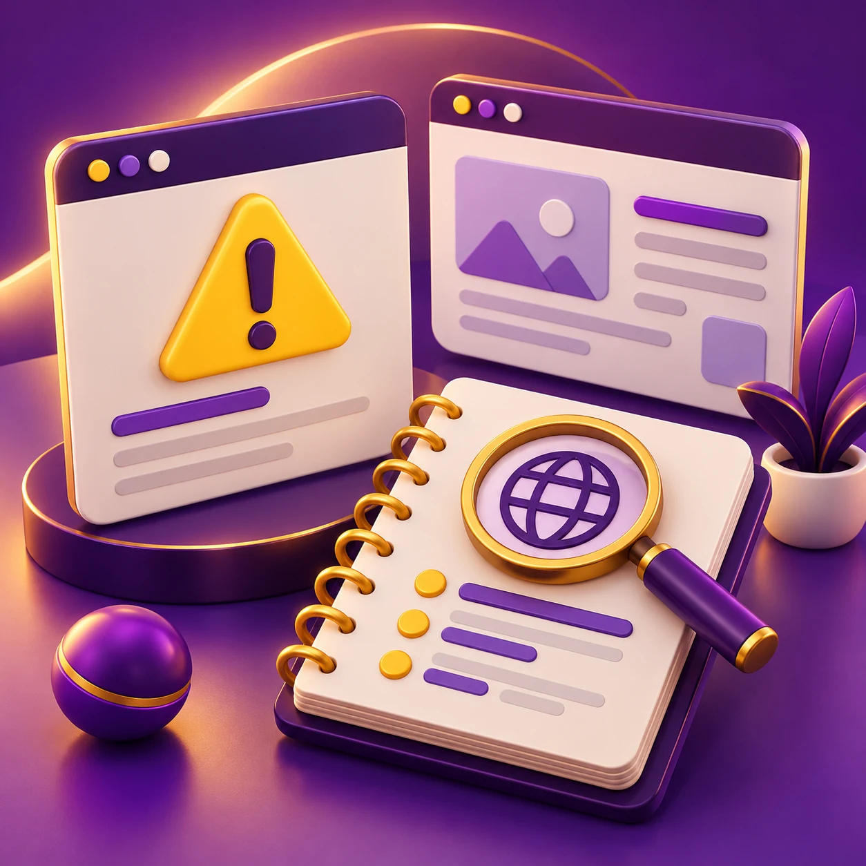 two clearly separate browser panels, one with a warning triangle, beside a domain inspection notebook — supporting editorial illustration