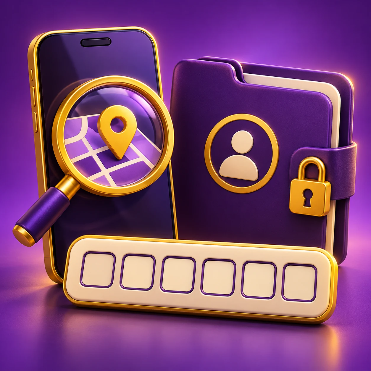a mobile address inspection lens beside a closed identity folder and six blank OTP boxes — supporting editorial illustration