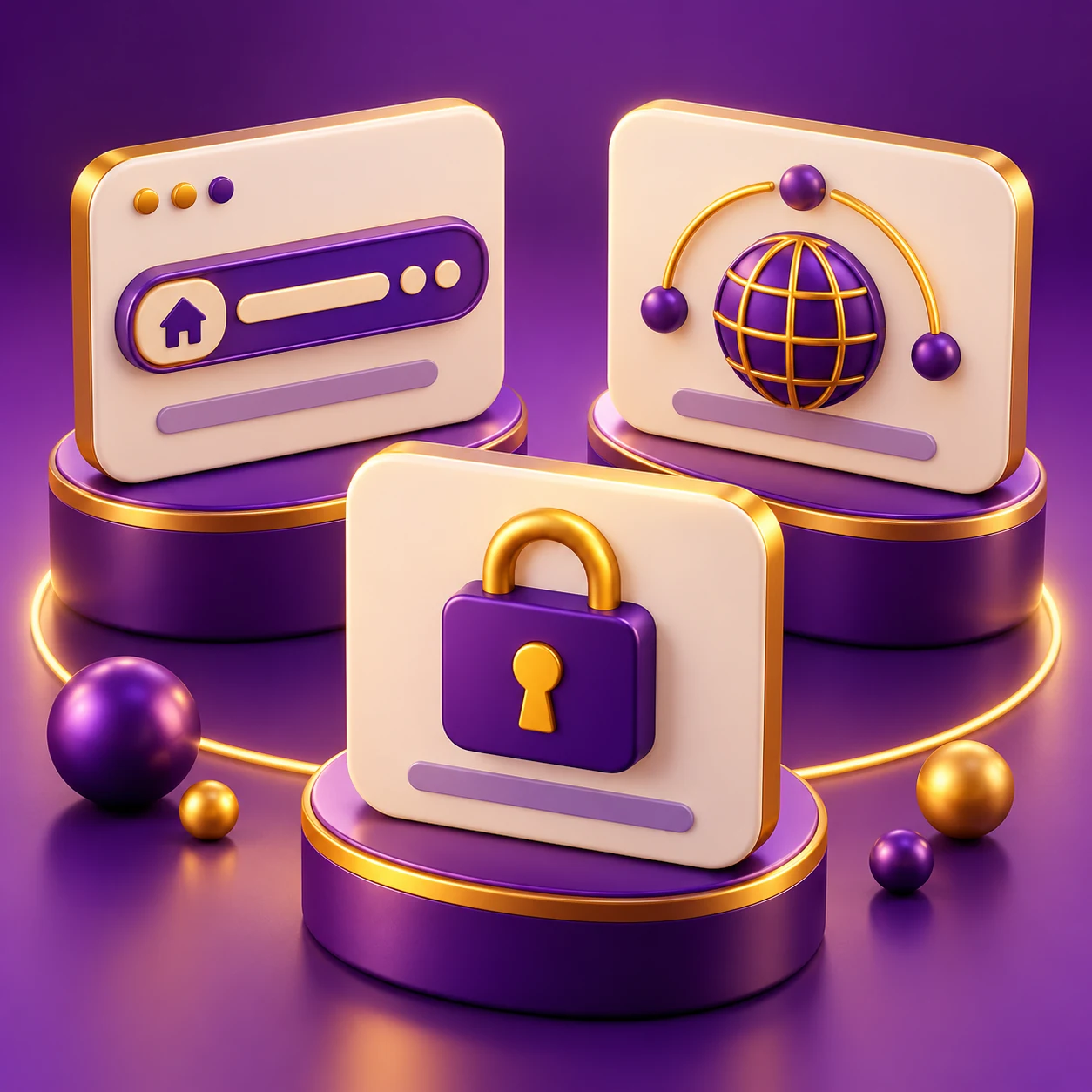 a browser address path, connection symbol and account lock on three separate diagnostic cards — supporting editorial illustration
