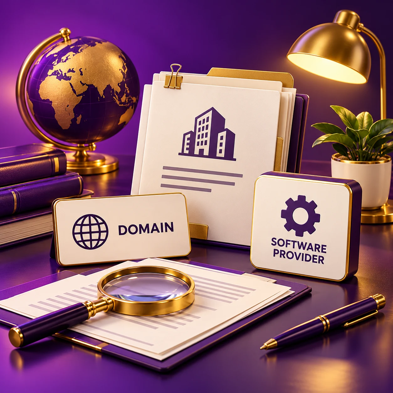 ownership research desk with company documents, domain card and separate software provider tile, no verification seals — supporting editorial illustration