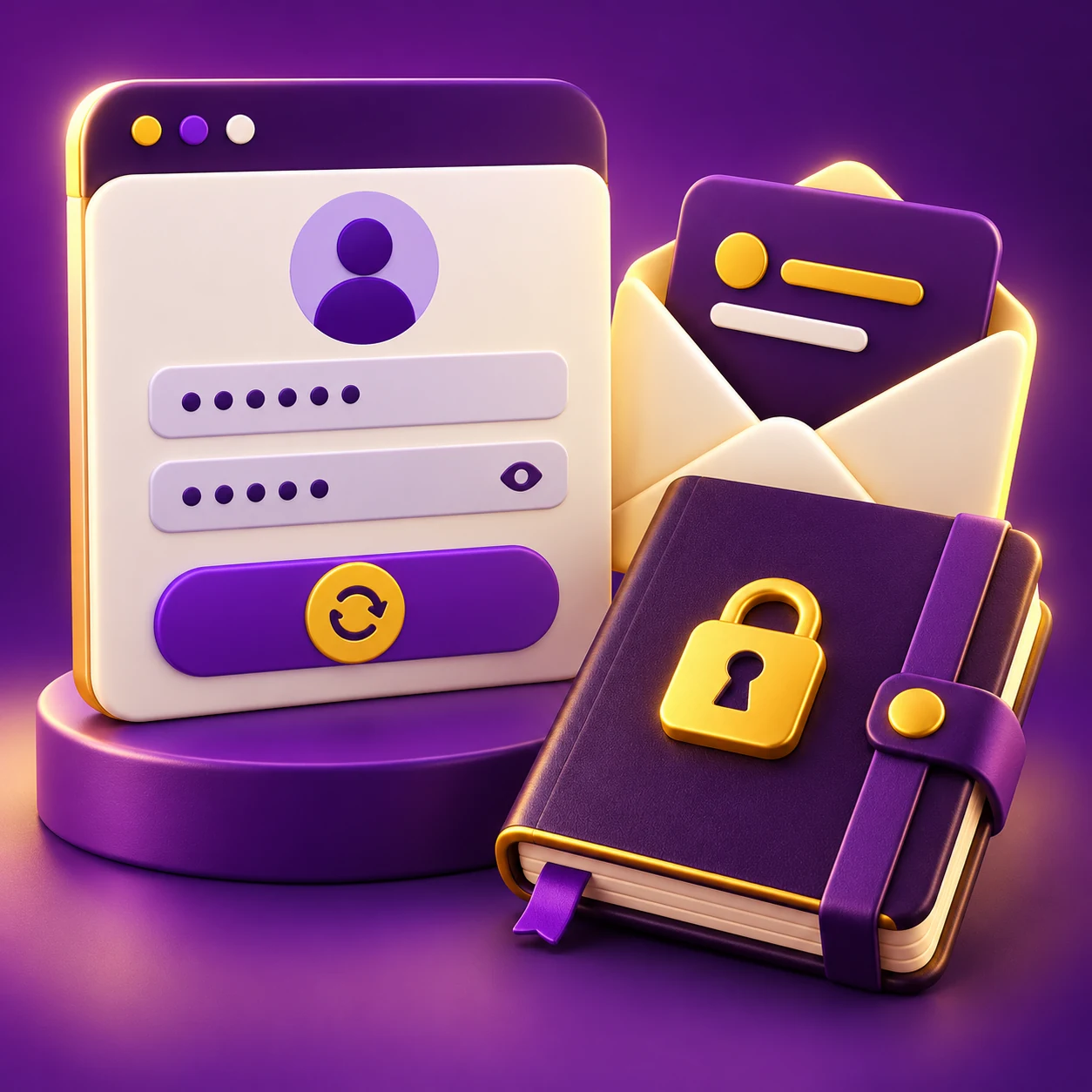 a password reset form, message envelope and protected account notebook — supporting editorial illustration