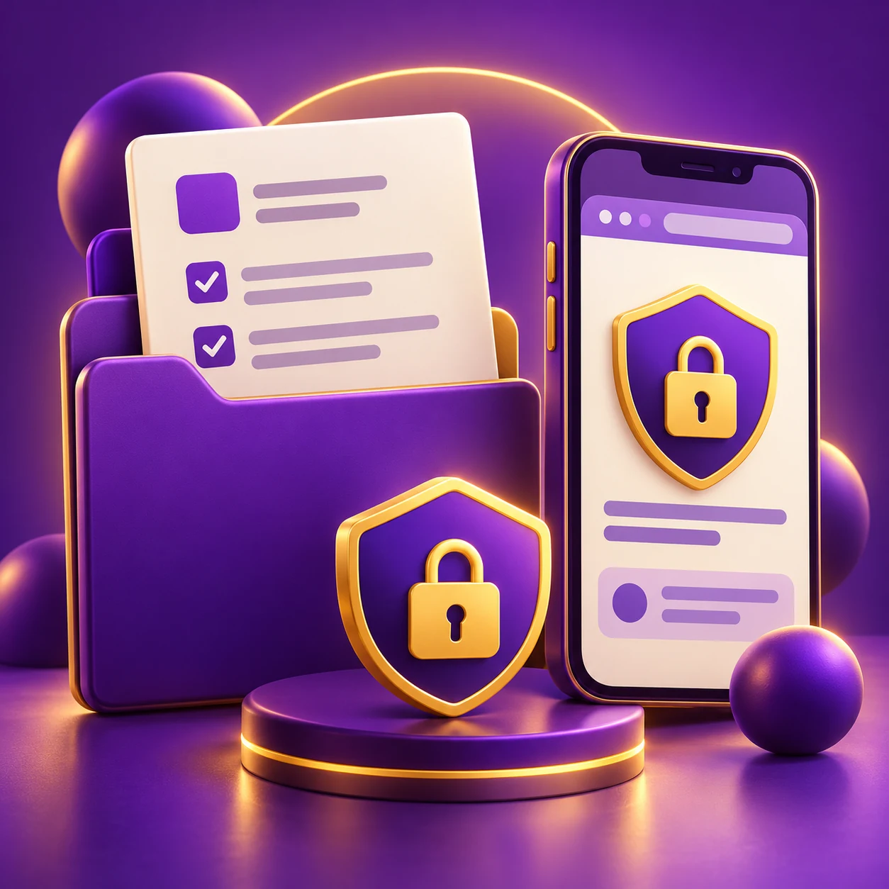 a closed document folder, minimal consent form and protected mobile browser — supporting editorial illustration