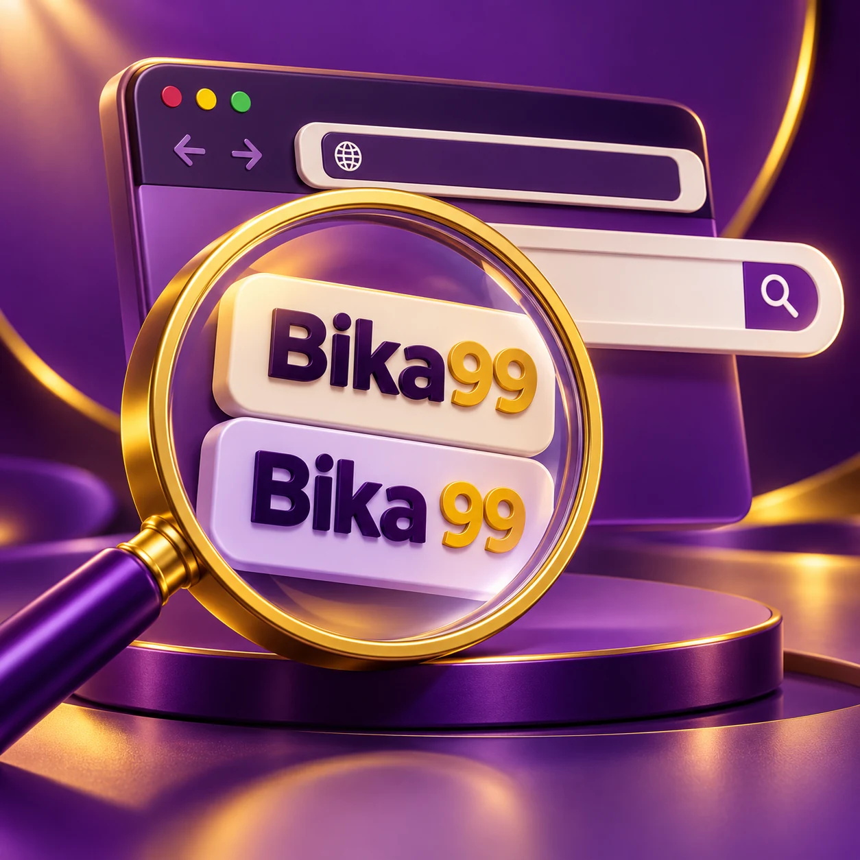 magnifying glass over two typography tiles with exactly Bika99 and Bika 99, browser address and search field visually separated — supporting editorial illustration