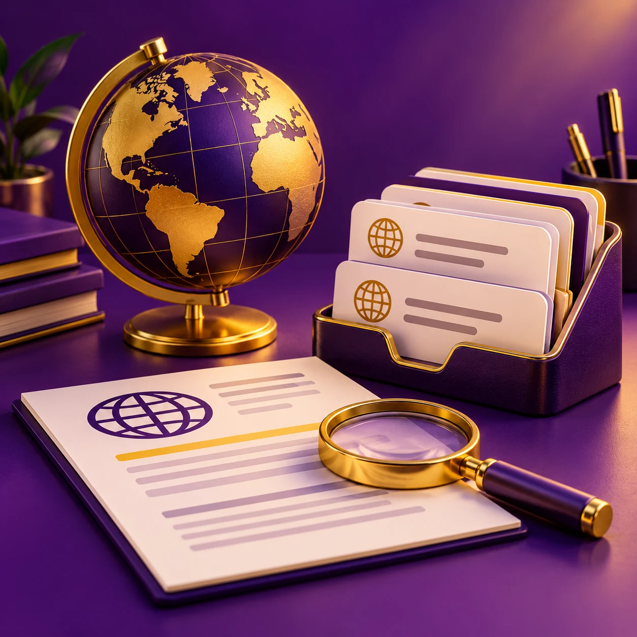 domain name identity research desk with separate address cards, globe and document, no ownership badge — supporting editorial illustration