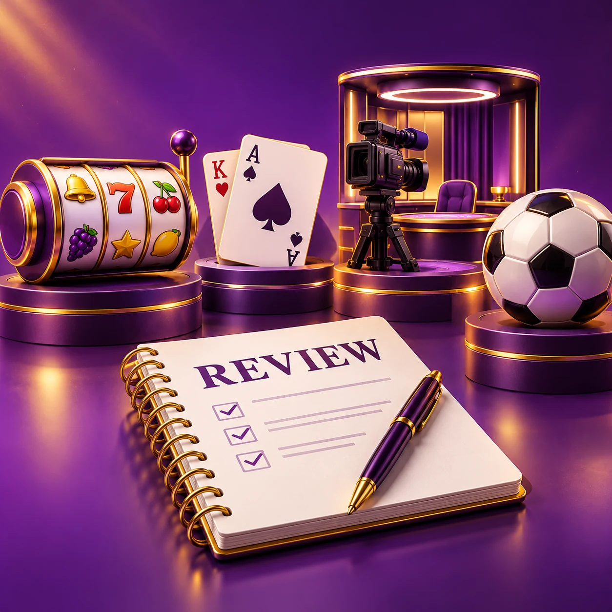 four polished gaming category tiles, slot reels, playing cards, live studio camera and sports ball, beside a review notebook — supporting editorial illustration