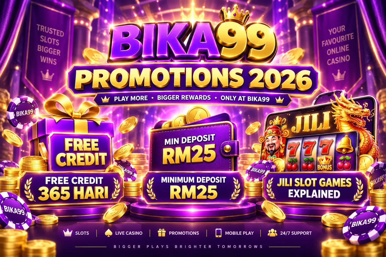 Bika 99 Promotions 2026: Free Credit 365 Hari, Minimum Deposit RM25, and JILI Slot Games Explained — promotional artwork